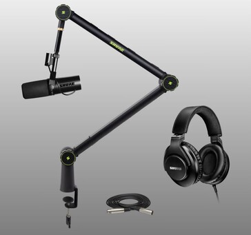 Ensemble comprenant un bras de perche, un câble XLR et un casque d'écoute (Image Source : Shure)