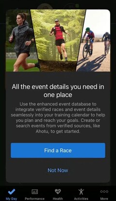 Une notification dans Garmin Connect concernant la base de données d'événements améliorée. (Source de l'image : Gadgets &amp; Wearables)