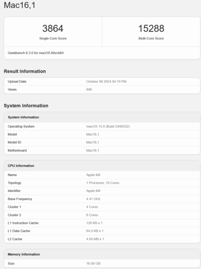 Apple Performances du processeur M4 (source : Geekbench)