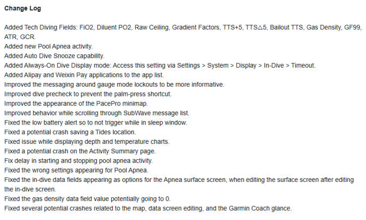 Le journal des modifications de la version 19.49 du logiciel de la série Garmin Descent Mk3. (Source de l'image : Garmin)