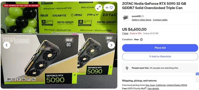 Enchère RTX 5090 en cours. (Source de l'image : eBay)