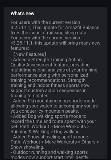 Le journal des modifications de la version 3.25.12.3 du logiciel de la smartwatch Amazfit Balance. (Source de l'image : u/SabretoothPenguin via Reddit)