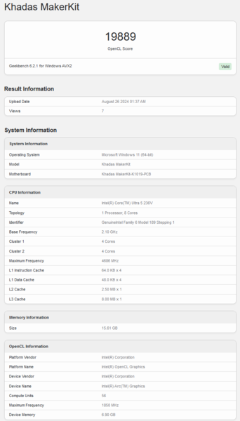 Intel Arc 130V Geekbench OpenCL score (image source : Geekbench)