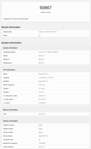 Apple Score GPU Geekbench du M4 Pro (image source : Geekbench)