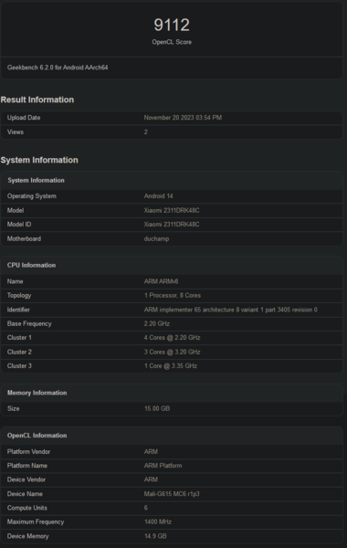 MediaTek Dimensity 8300 Geekbench OpenCL benchmark (image via Geekbench)