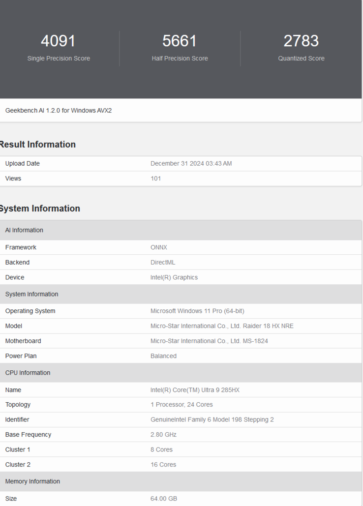 Liste Geekbench AI du MSI Raider 18 HX (source d'image : Geekbench)