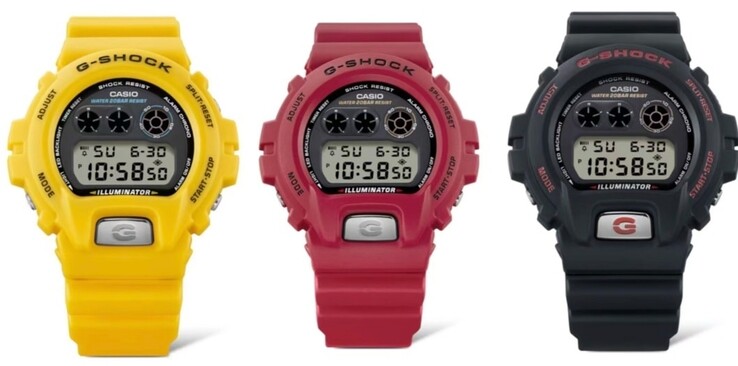 Série Casio G-Shock DW-6900 en jaune (DW-6900TR-9), rouge (DW-6900TR-4) et noir (DW-6900TR-1).