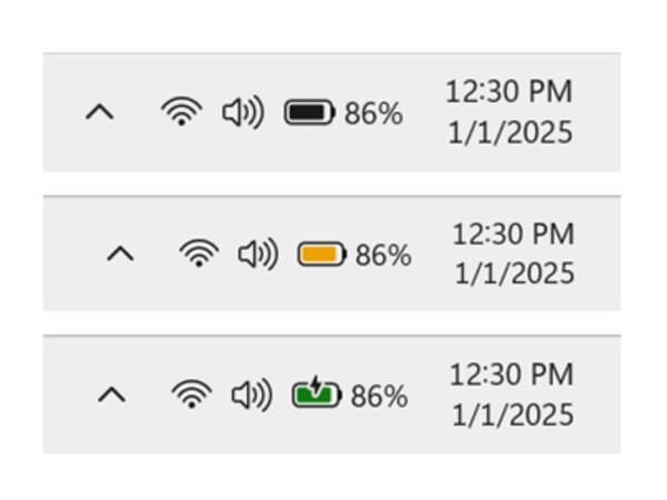 Les icônes de batterie colorées de Windows 11 permettent de connaître plus facilement l'état de la batterie et de la charge. (Source de l'image : Microsoft)