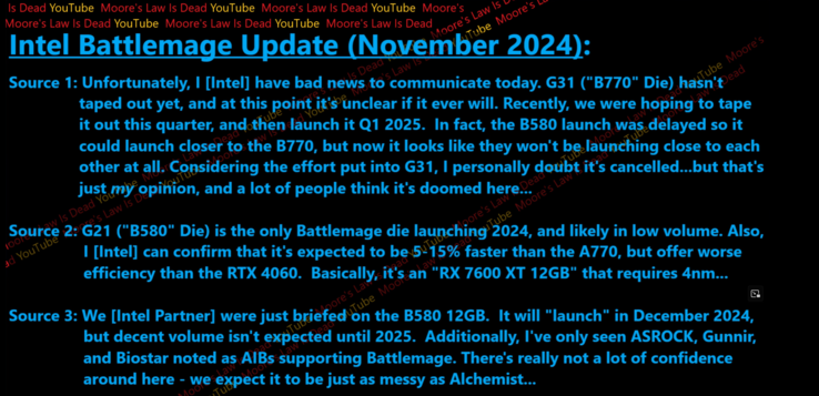 Intel pourrait ne pas lancer de carte graphique Arc Battlemage haut de gamme cette génération (source de l'image : Moore's Law is Dead on YouTube)