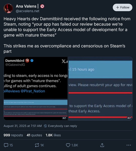 Ana Valens Bluesky post sur Steam adult games early access (Image source : screenshot, Ana Valens Bluesky account)