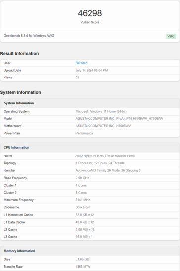 Score Geekbench Vulkan de la AMD Radeon 890M (image via Geekbench)