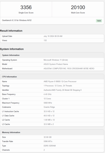 Score Geekbench de l'AMD Ryzen 9 9900X (image via Geekbench)