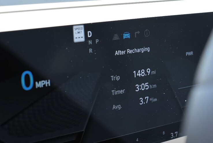 À la fin du trajet, la Ioniq 5 n'était plus qu'à 46 % et affichait une efficacité de 3,7 miles/kWh. (Source de l'image : TFLEV via YouTube)