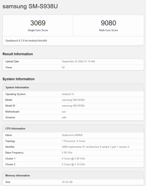 Qualcomm Snapdragon 8 Gen 4 pour Galaxy (source d'image : Geekbench)