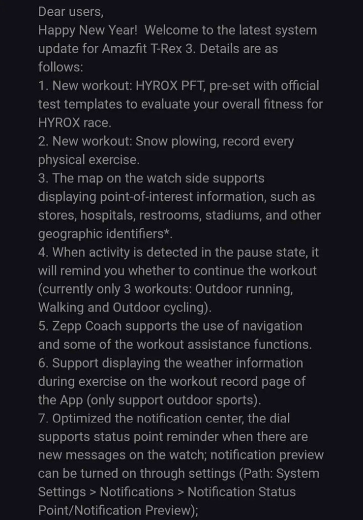 Les notes de mise à jour de la version 3.4.4.7 du logiciel Amazfit pour la smartwatch T-Rex 3. (Source de l'image : u/Ech0ke via Reddit)