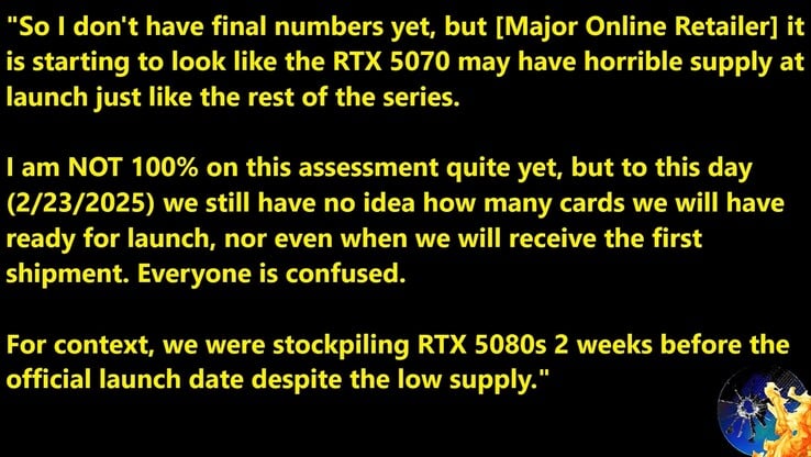 Informations sur le stock de lancement de la RTX 5070. (Source de l'image : Moore's Law Is Dead)