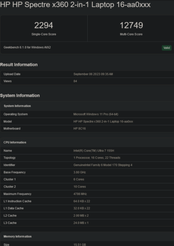 Ultra 7 155H (image Source : Geekbench)