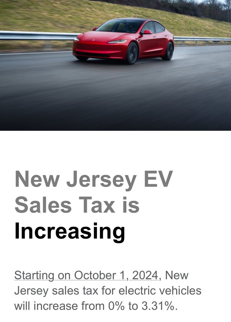 La taxe sur les ventes de VE dans le New Jersey passe de zéro à 3,31 % en octobre