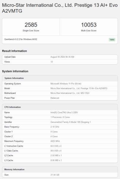 Score Geekbench du Core Ultra 6 228V (image source : Geekbench)