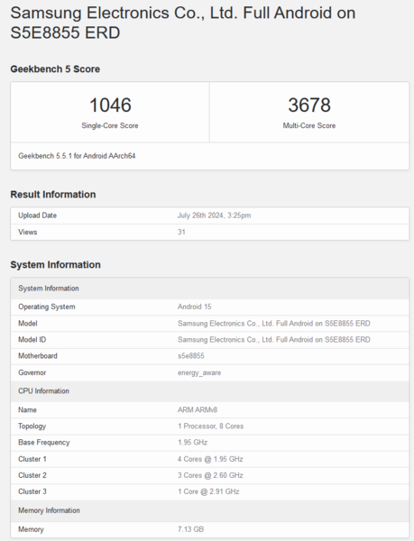 Score Geekbench 5.5 de l'Exynos 1580 (source de l'image : Geekbench)