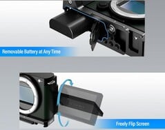 Les images marketing de Sirui confirment la présence d'un écran entièrement articulé et de portes séparées pour la batterie et la carte SD (source : Amazon)