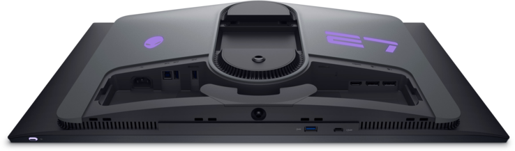 Alienware AW2725DF : Bouton d'alimentation, manette de commande et ports. (Source de l'image : Dell)