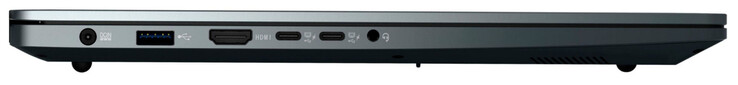 Côté gauche : connexion d'alimentation, USB 3.2 Gen 1 (USB-A), HDMI, 2x USB 3.2 Gen 1 (USB-C ; Power Delivery, DP Alt-Mode), combo audio