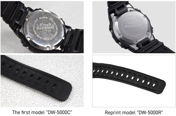 La forme et la position des trous du bracelet ainsi que l'acier inoxydable utilisé pour le fond du boîtier de la Casio DW-5000R G-Shock sont identiques à ceux de la DW-5000C originale. (Source de l'image : Casio Japan)