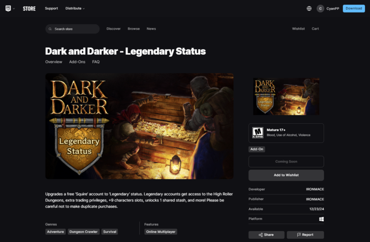 Dark and Darker - Legendary Status a le statut "Coming Soon" (bientôt disponible) sur l'Epic Games Store. (Source de l'image : Epic Games)