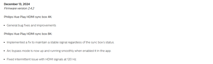 Les notes de mise à jour de la version 2.4.2 du micrologiciel pour les boîtiers de synchronisation HDMI Philips Hue Play. (Source de l'image : Philips Hue)