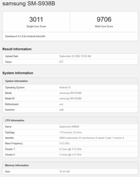 Snapdragon 8 Gen 4 pour Galaxy nouveau listing Geekbench (source d'image : Geekbench)