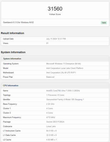 Score Vulkan de l'Intel Arc 140V (image via Geekbench)