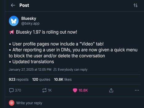 Annonce de l'onglet vidéo de Bluesky (Source de l'image : compte officiel de Bluesky)