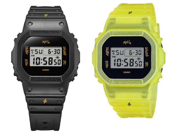 La montre Casio G-Shock DWE-5600JB-1A9 est livrée avec des bracelets et un boîtier noirs et jaunes. (Source de l'image : Casio)