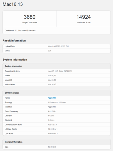 Score CPU Geekbench du MacBook Air M4 (source : Geekbench)