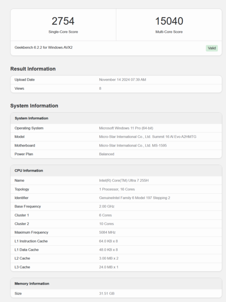 Performances de l'Intel Core Ultra 7 255H sur Geekbench (source : Geekbench)