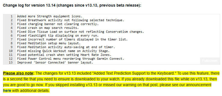 Le journal des modifications de la version 13.14 de la mise à jour bêta de Garmin Fenix 8 (Source : Garmin)