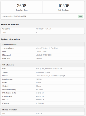 Intel Core Ultra 7 256V score Geekbench (image via Geekbench)