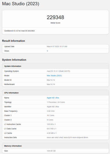 Apple M2 Ultra Geekbench GPU Metal score (image score Geekbench)