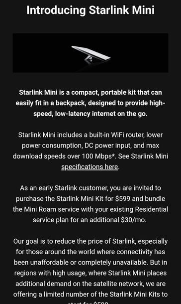 Invitation à l'essai de Starlink Mini