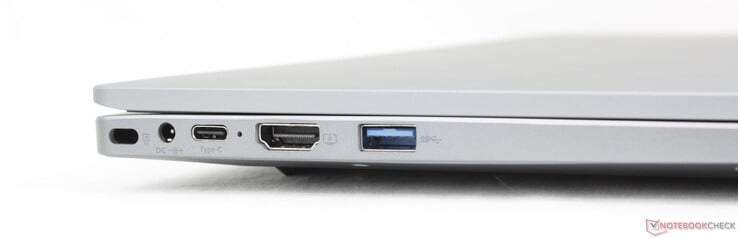 À gauche : verrou Kensington, adaptateur secteur, USB-C avec DisplayPort + Power Delivery, HDMI 1.4, USB-A 3.0