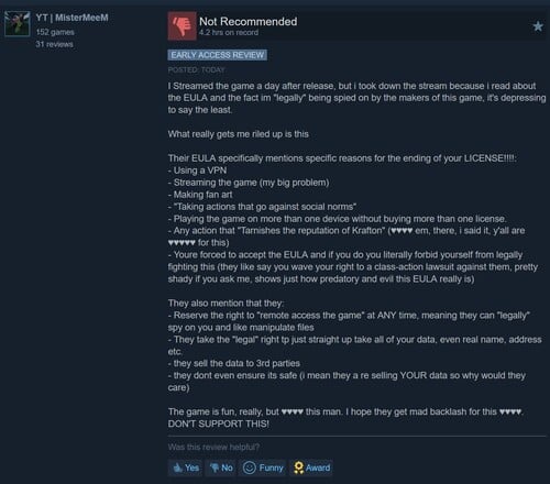L'avis négatif sur Subnautica 2 Steam est affiché