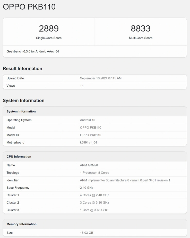 Comparatif Geekbench du processeur du Oppo Find X8 (Source : IT Home)