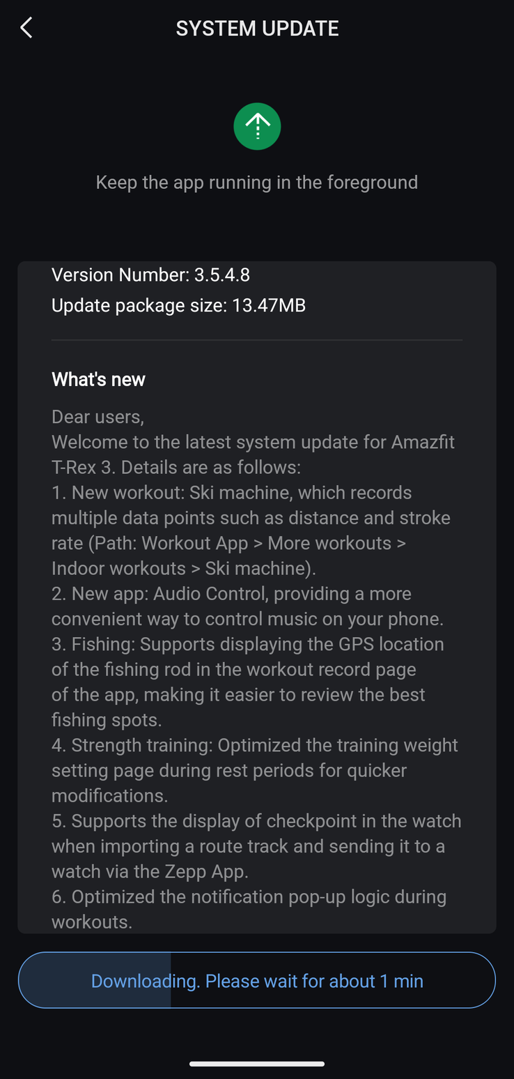 Le journal des modifications de la mise à jour Amazfit T-Rex 3 version 3.5.4.8. (Source de l'image : u/Ech0ke via Reddit)