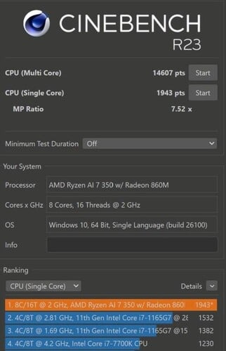 Score Cinebench R23 de l'AMD Ryzen AI 7 350 (source d'image : Baidu)