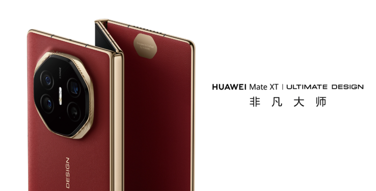 Le Huawei Mate XT a un look premium, avec des bordures dorées qui ornent les bords de l'appareil triplement pliable. (Source de l'image : Huawei)