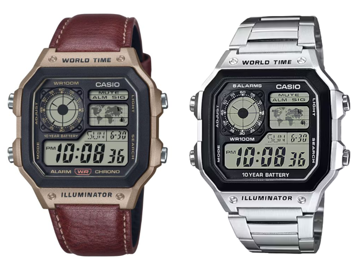 La Casio AE-1200WHL-5AV avec un bracelet en cuir (à gauche) et la AE-1200WHD-1AV avec un bracelet en métal (à droite). (Source de l'image : Casio)