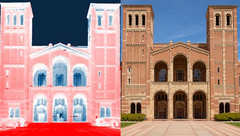 Image infrarouge thermique du Royce Hall de l&#039;UCLA. La transition du blanc au rouge pâle montre la chaleur absorbée par le sol (rouge). L&#039;excès de chaleur rayonne vers le ciel froid, représenté en bleu. (Source de l&#039;image : Raman Lab/UCLA)