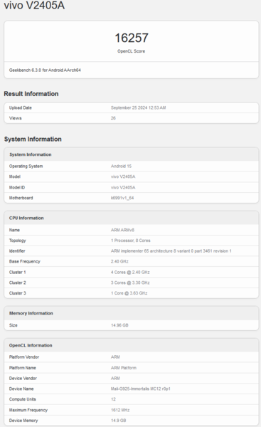 Performances OpenCL de l'Arm Immortalis-G925 MP12 Geekbench (source d'image : Geekbench)