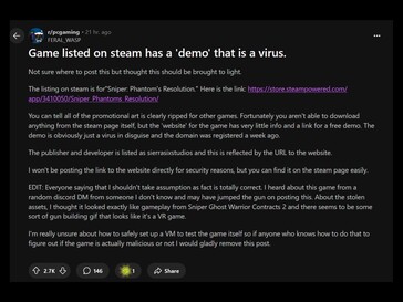 Infected Steam demo Reddit post (Image source : screenshot, PC Gaming subreddit)